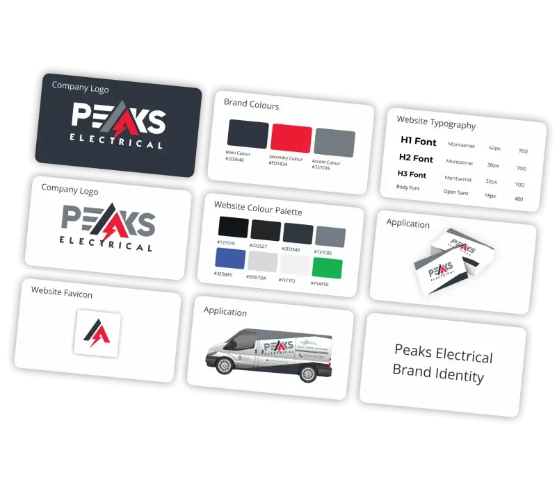 Build a brand that makes your trade business stand out Trade business branding elements showing logo design, brand colours, typography, website styling, and van livery for an electrical contractor