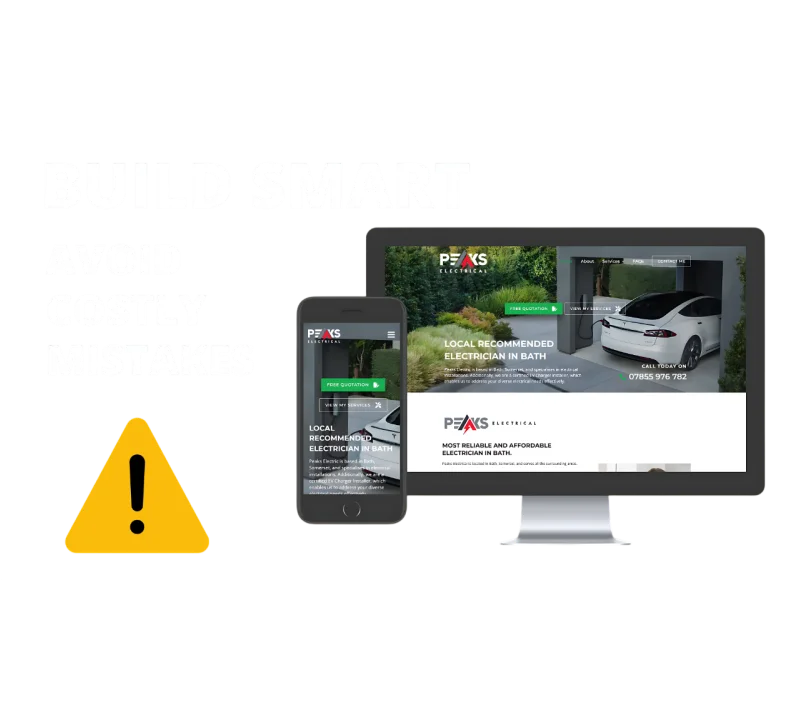 Website shown on desktop and mobile screens, illustrating common website design mistakes.