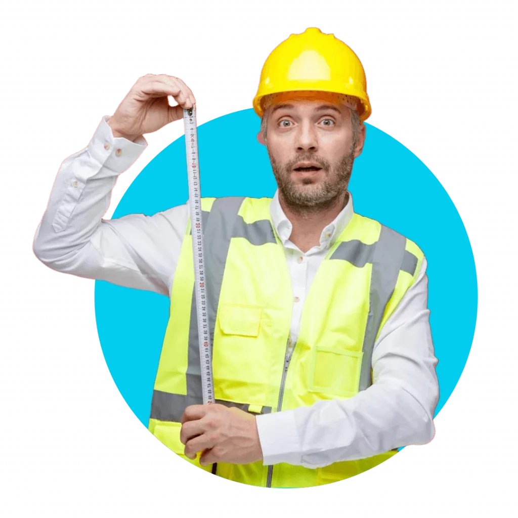 Builder holding a tape measure against a blue circle background