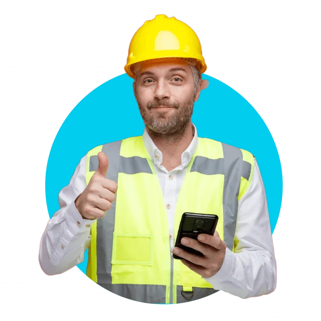 Builder giving a thumbs up and holding a phone against a blue circle background