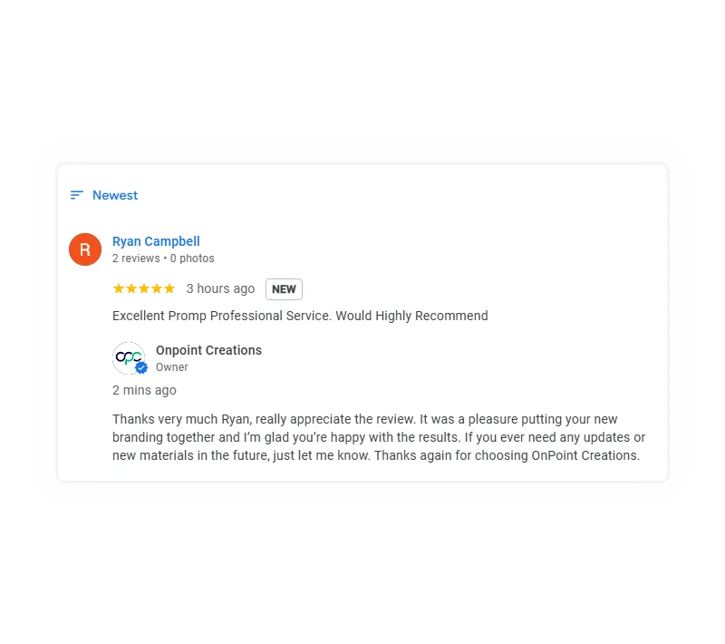 Google client review showing five-star feedback from Ryan Campbell Heating Services praising professional and prompt service