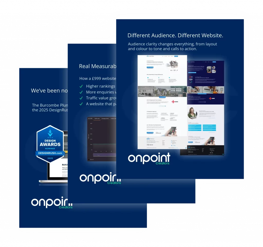 Insights for Trade Businesses – OnPoint Creations Stacked evergreen insight visuals showing website design, SEO, and audience-focused content for trade businesses