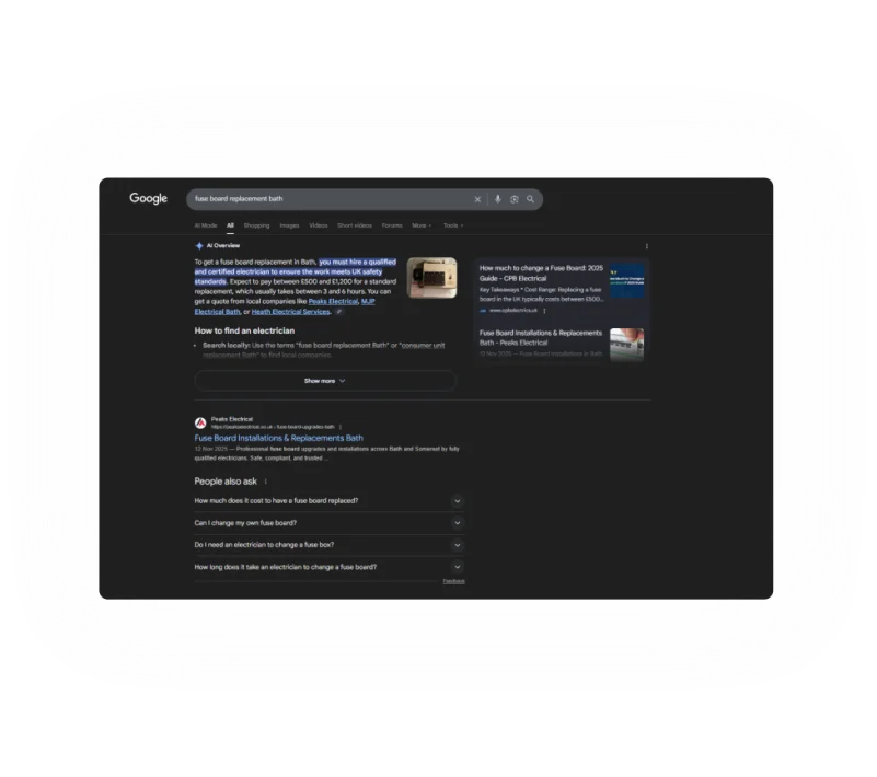 Google search results showing a trade business appearing in local search listings.
