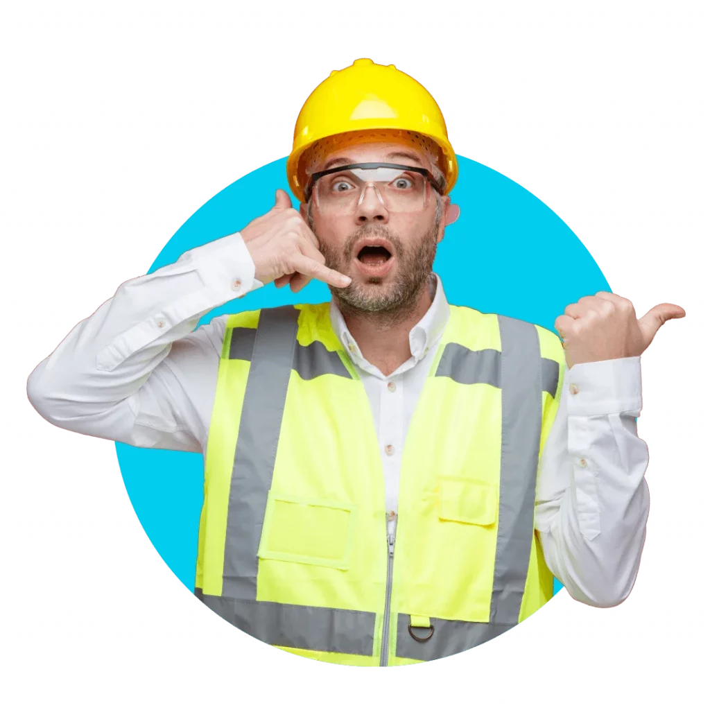 Builder in safety gear pointing toward the trade website design carousel representing client success for Onpoint Creations