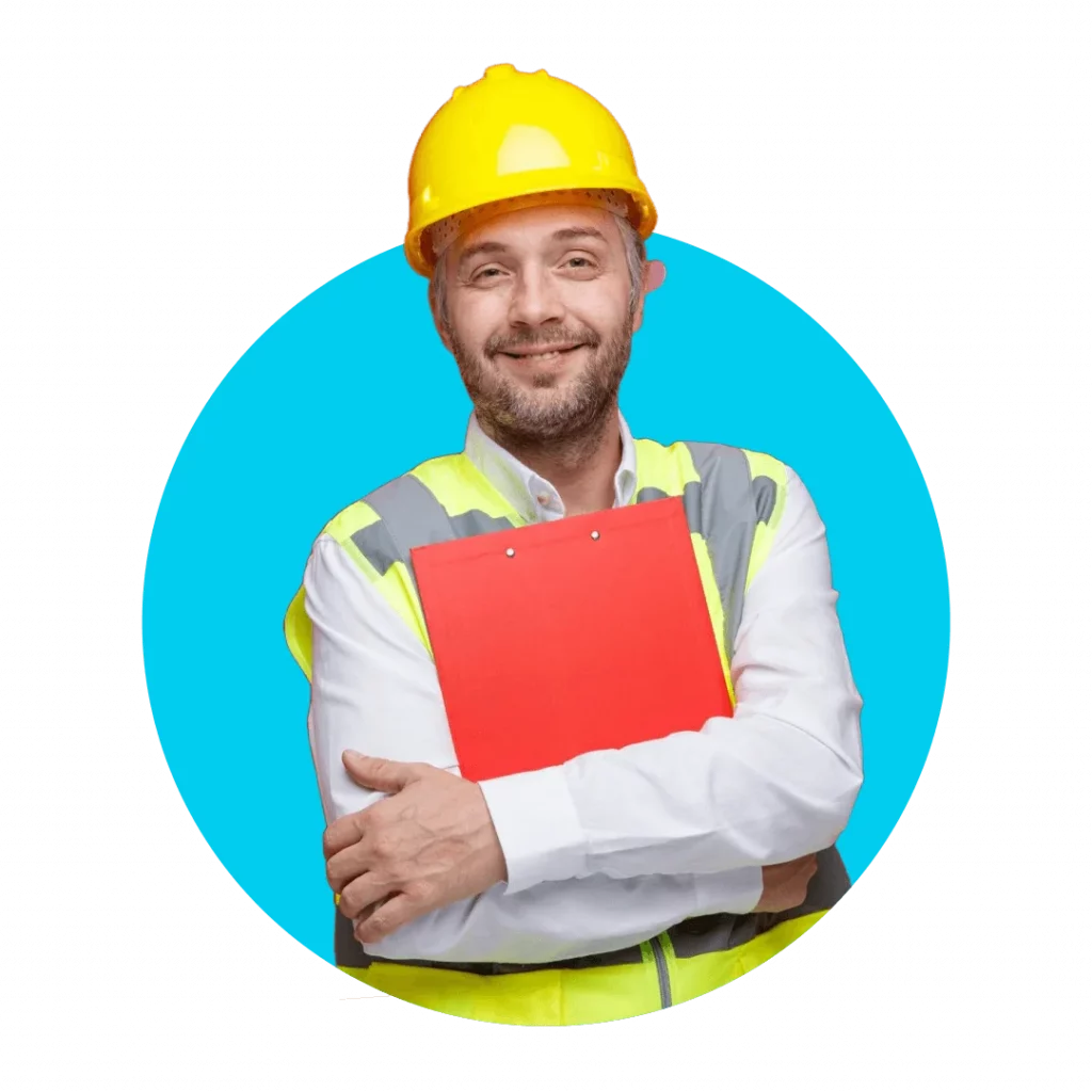 Friendly construction worker in safety gear holding a folder, representing reliable web design support