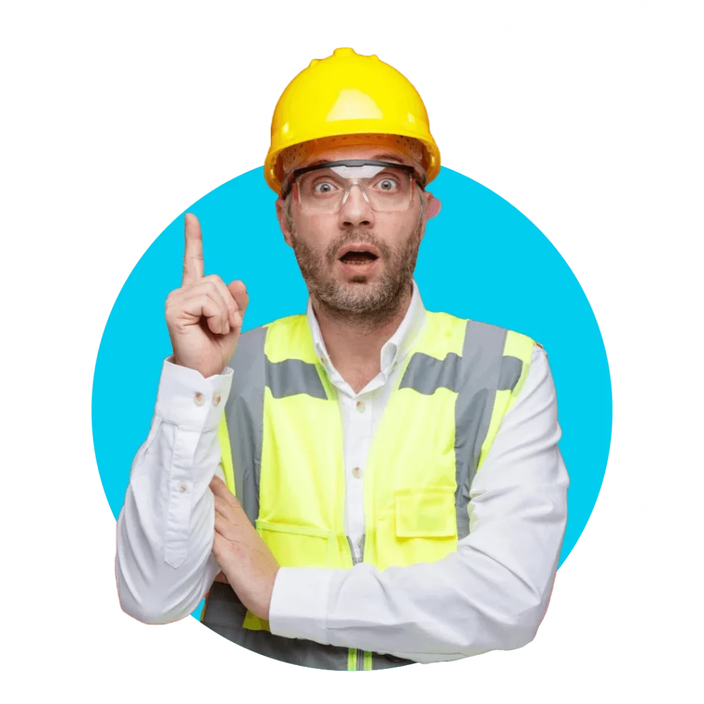 Builder wearing safety gear pointing upward toward web design content area on the mobile layout for Onpoint Creations