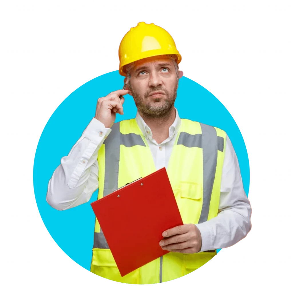 A tradesman in a high-visibility vest holding a red clipboard, looking thoughtful while deciding which website designer to choose