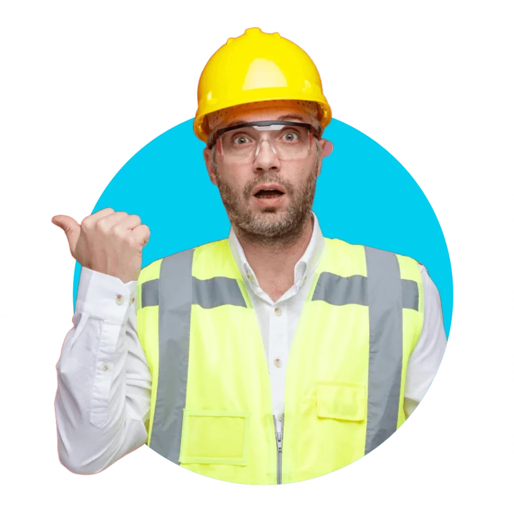 Builder wearing safety gear pointing toward web design content area, used for Onpoint Creations trade and construction website design section