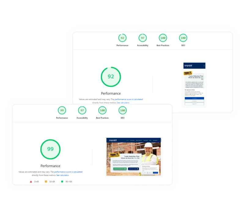 PageSpeed Insights results for mobile and desktop performance Hero Screenshot showing Google PageSpeed Insights results for the OnPoint Creations website, including mobile and desktop performance, accessibility, best practices, and SEO scores.