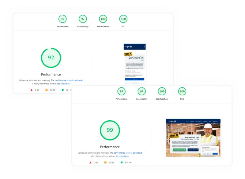 PageSpeed Insights results for mobile and desktop performance Image Screenshot showing Google PageSpeed Insights results for the OnPoint Creations website, including mobile and desktop performance, accessibility, best practices, and SEO scores.