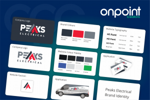 Peaks Electrical brand identity including logos, colour palette, typography, and vehicle graphics