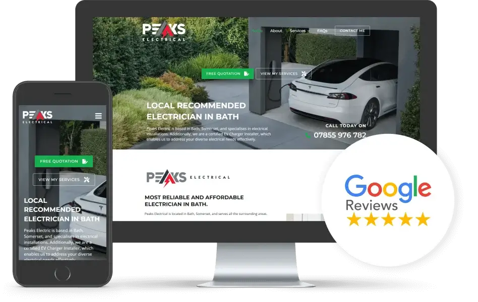 Peaks Electrical website design displayed on desktop and mobile, featuring a five-star Google Review, created by OnPoint Creations.