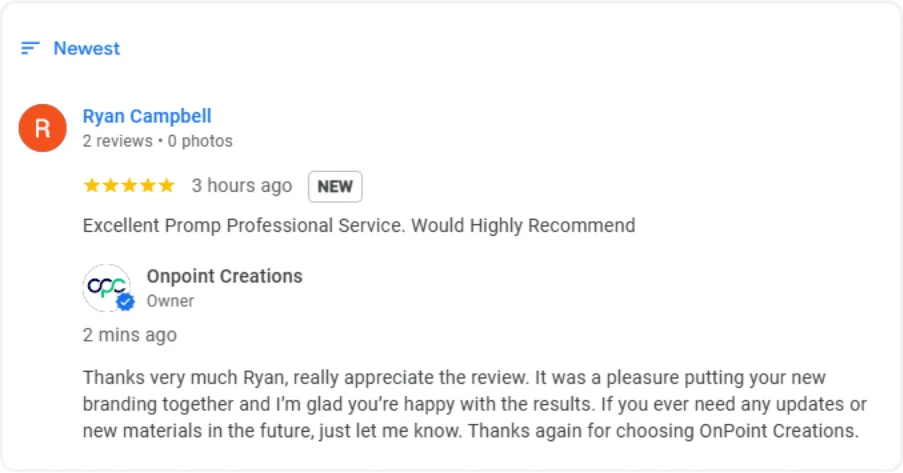 Screenshot of a verified Google five-star review from Ryan Campbell Heating Services for OnPoint Creations