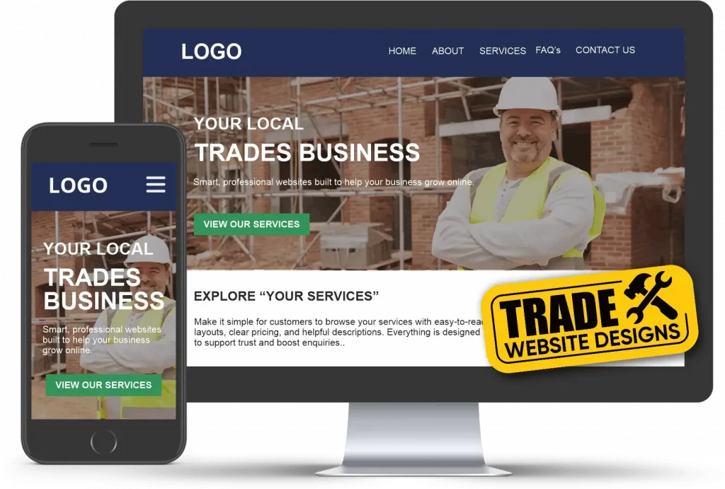 Mockup showing a professional trade website on desktop and mobile, designed by OnPoint Creations.